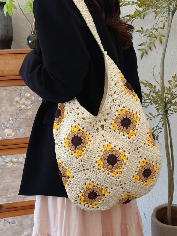 Heklana granny-square torba s cvjetnim motivom, ručno izrađena od pamuk niti, velika kapaciteta, uspravni kvadratni oblik, magnetsko zatvaranje i unutarnji džep za telefon