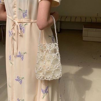 Geantă bucket unisex din acrilic, cu mărgele perlate, design tricotat gol, deschidere deschisă, primăvara 2025