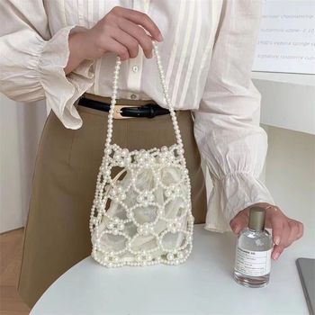 Geantă bucket unisex din acrilic, cu mărgele perlate, design tricotat gol, deschidere deschisă, primăvara 2025