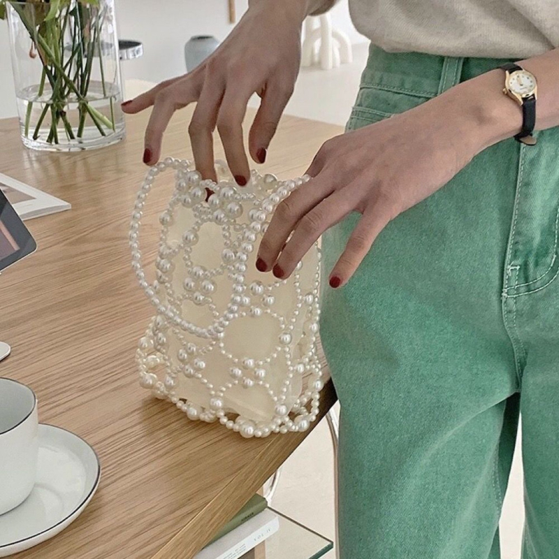 Geantă bucket unisex din acrilic, cu mărgele perlate, design tricotat gol, deschidere deschisă, primăvara 2025