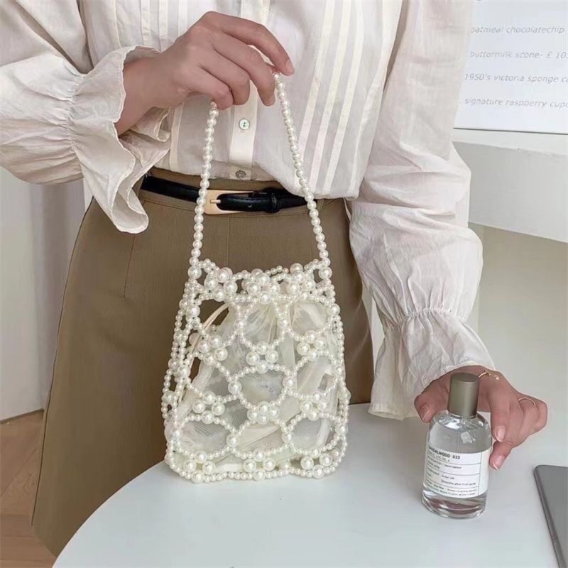 Geantă bucket unisex din acrilic, cu mărgele perlate, design tricotat gol, deschidere deschisă, primăvara 2025