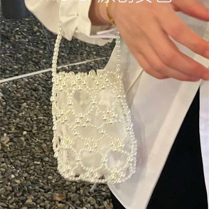 Geantă bucket unisex din acrilic, cu mărgele perlate, design tricotat gol, deschidere deschisă, primăvara 2025