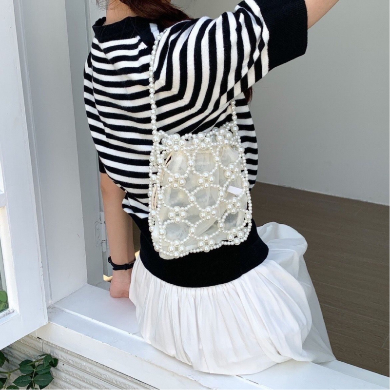 Geantă bucket unisex din acrilic, cu mărgele perlate, design tricotat gol, deschidere deschisă, primăvara 2025