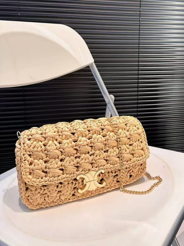 Ženska crossbody torbica od slame, srednje veličine, horizontalni kvadratni oblik, zaključavanje na lokot, unutarnji džepovi za telefon i za zip, marka QHXB