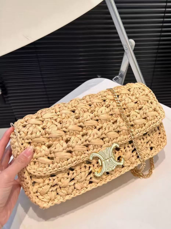 Ženska crossbody torbica od slame, srednje veličine, horizontalni kvadratni oblik, zaključavanje na lokot, unutarnji džepovi za telefon i za zip, marka QHXB