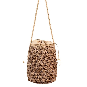 Slámová kabelka na rameno, cylindrický tvar, zapínanie šnúrkou, jednobarebný vzor