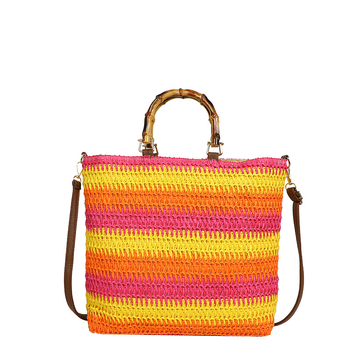 Szalmából készült tote táska, vízszintes négyzet alakú forma, felső nyitás, poliészter bélés, cipzáros zseb és telefontartó zseb, Nyár 2024