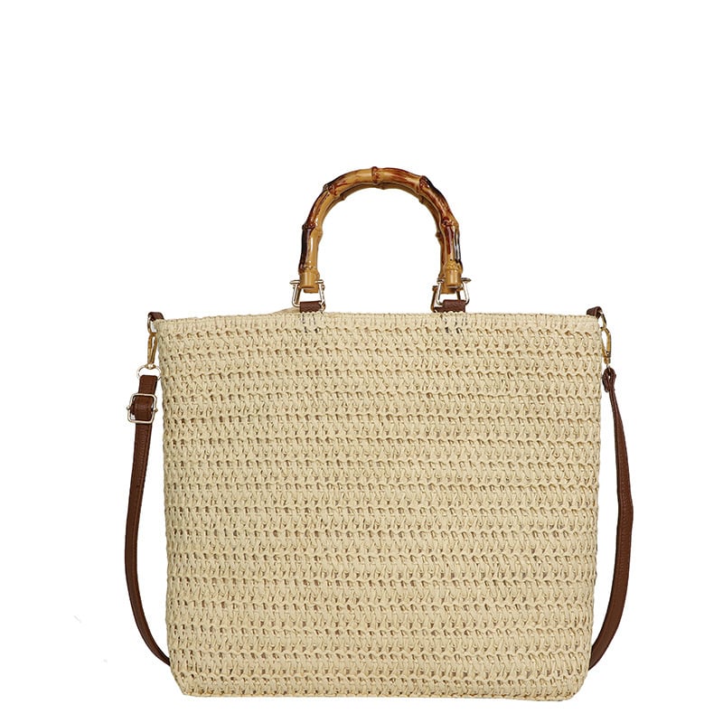 Szalmából készült tote táska, vízszintes négyzet alakú forma, felső nyitás, poliészter bélés, cipzáros zseb és telefontartó zseb, Nyár 2024