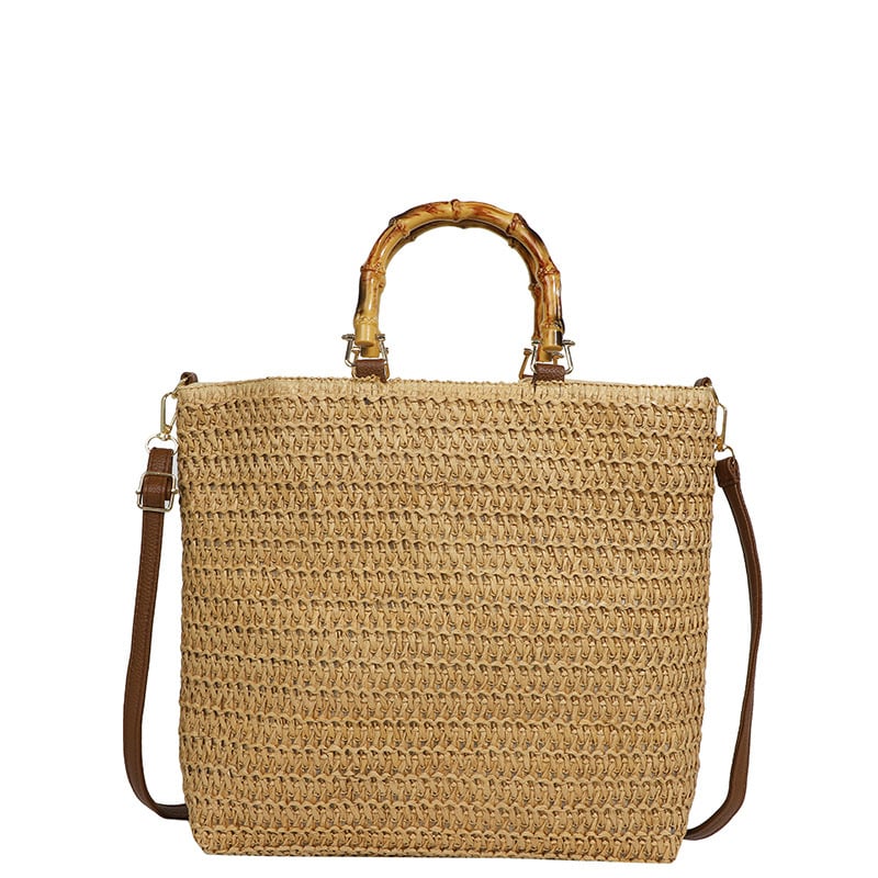 Szalmából készült tote táska, vízszintes négyzet alakú forma, felső nyitás, poliészter bélés, cipzáros zseb és telefontartó zseb, Nyár 2024