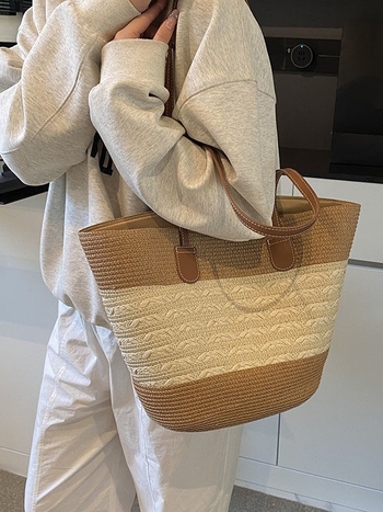 Ženska torba od slame, plažna Tote torba, velika zapremina, pletena torba za rame, košara od slame, torba oblik košare (kante)