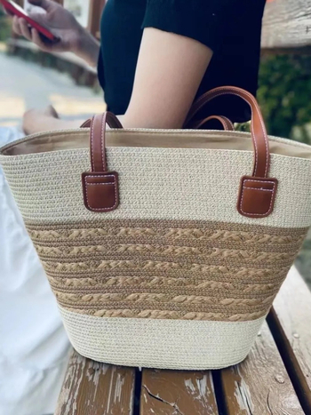 Ženska torba od slame, plažna Tote torba, velika zapremina, pletena torba za rame, košara od slame, torba oblik košare (kante)