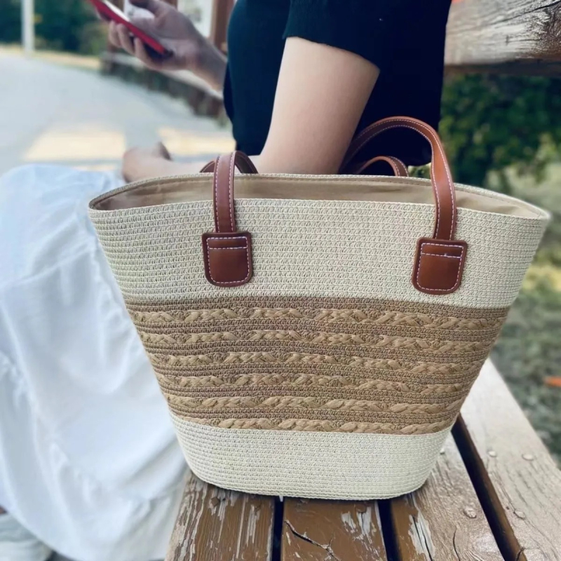 Ženska torba od slame, plažna Tote torba, velika zapremina, pletena torba za rame, košara od slame, torba oblik košare (kante)