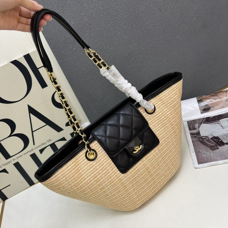 Torba od slame u obliku kante sa zatvaračem, poliester podstava, unutarnji džepovi za telefon i dokumente – Ljeto 2025