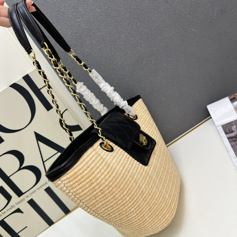 Torba od slame u obliku kante sa zatvaračem, poliester podstava, unutarnji džepovi za telefon i dokumente – Ljeto 2025