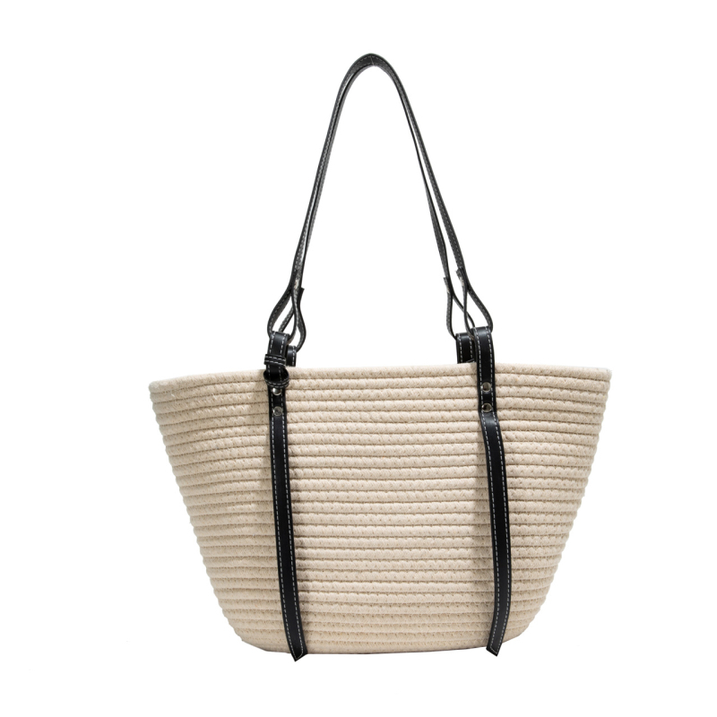 Plećena slamena torba velike kapacitete, otvoreni gornji dio, dvostruke naramenice – gradski minimalistički stil, horizontalni kvadratni oblik