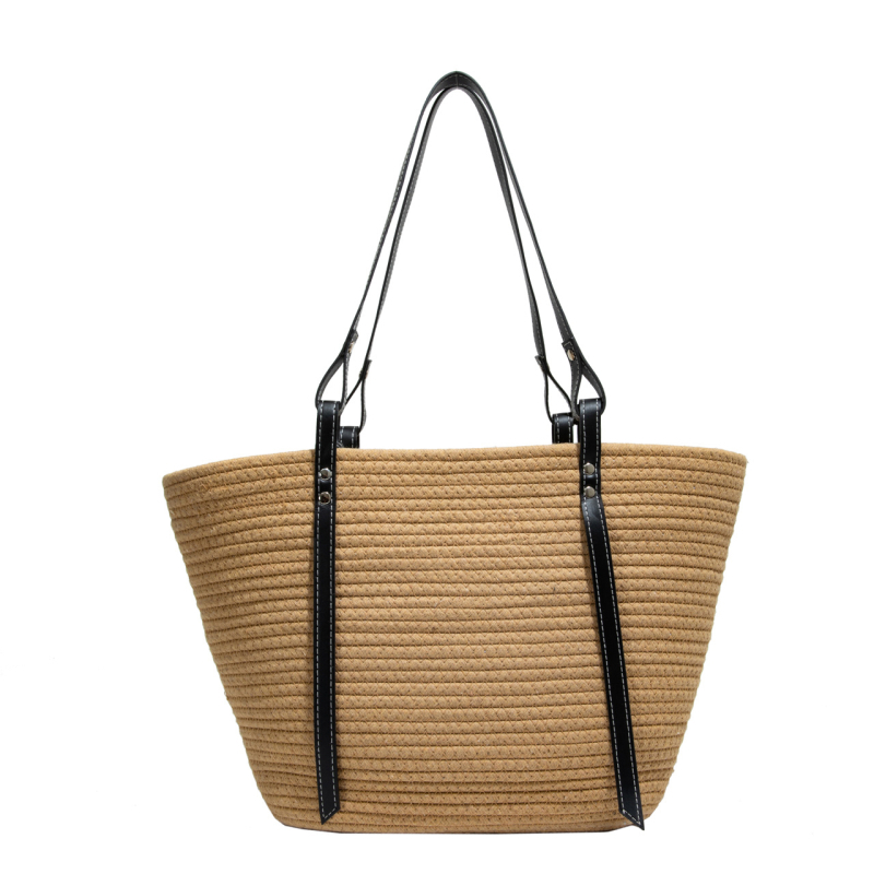 Plećena slamena torba velike kapacitete, otvoreni gornji dio, dvostruke naramenice – gradski minimalistički stil, horizontalni kvadratni oblik