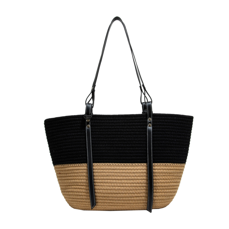 Plećena slamena torba velike kapacitete, otvoreni gornji dio, dvostruke naramenice – gradski minimalistički stil, horizontalni kvadratni oblik