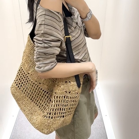 Velika ženska tote torba od slame, ručno izrađena, vintage stil, ljetna svakodnevna torba za nošenje preko ramena