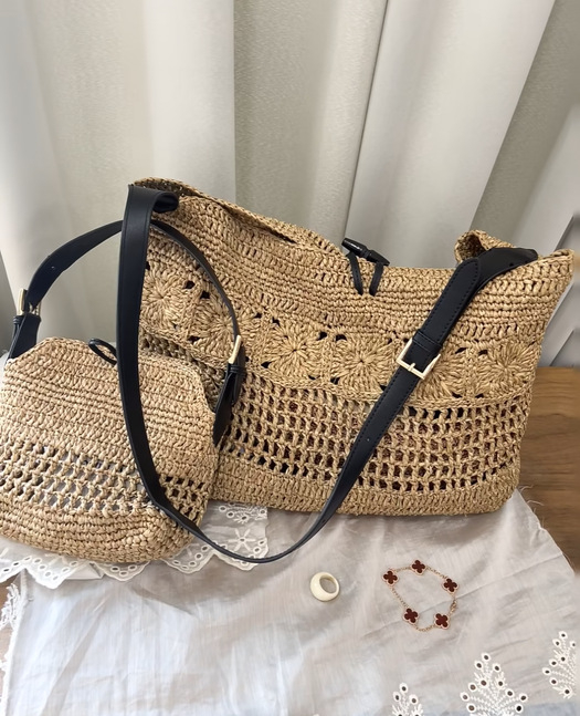 Velika ženska tote torba od slame, ručno izrađena, vintage stil, ljetna svakodnevna torba za nošenje preko ramena