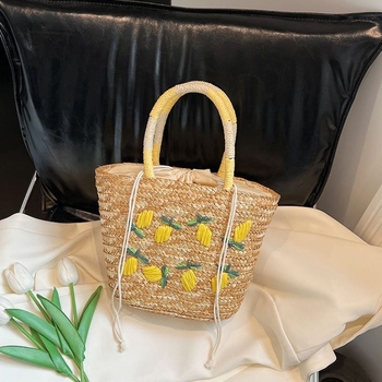 Torba Tote od slame u francuskom stilu, ulična moda, horizontalno kvadratni oblik, zatvarač, podstava od poliestera