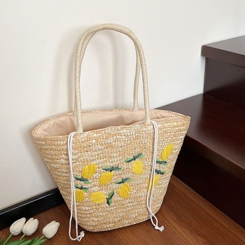 Torba Tote od slame u francuskom stilu, ulična moda, horizontalno kvadratni oblik, zatvarač, podstava od poliestera