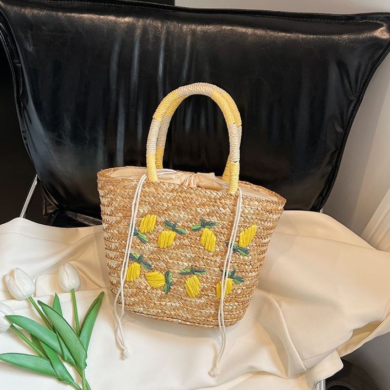 Torba Tote od slame u francuskom stilu, ulična moda, horizontalno kvadratni oblik, zatvarač, podstava od poliestera