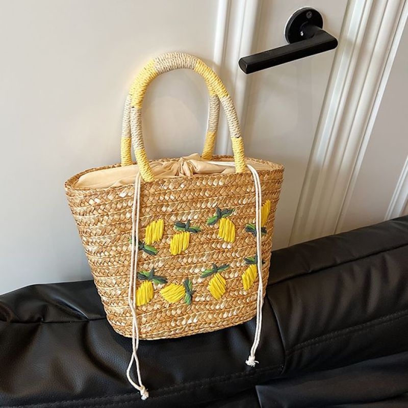 Torba Tote od slame u francuskom stilu, ulična moda, horizontalno kvadratni oblik, zatvarač, podstava od poliestera