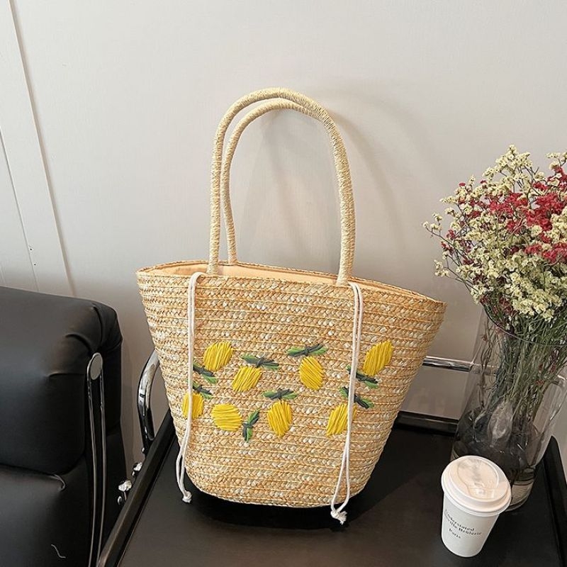 Torba Tote od slame u francuskom stilu, ulična moda, horizontalno kvadratni oblik, zatvarač, podstava od poliestera