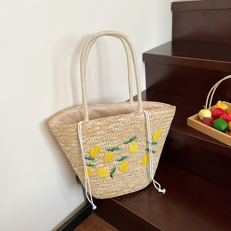 Torba Tote od slame u francuskom stilu, ulična moda, horizontalno kvadratni oblik, zatvarač, podstava od poliestera