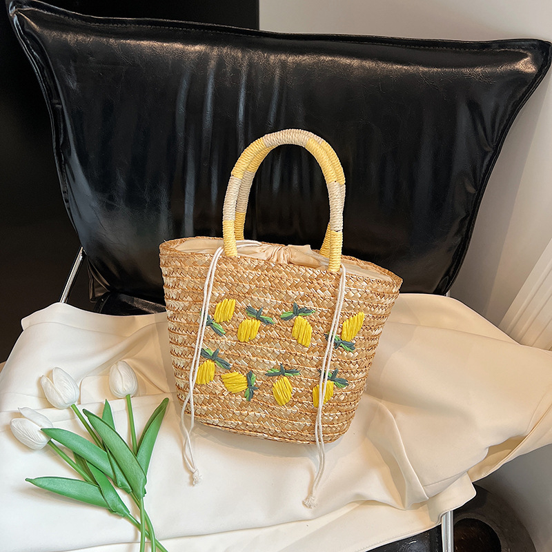 Torba Tote od slame u francuskom stilu, ulična moda, horizontalno kvadratni oblik, zatvarač, podstava od poliestera