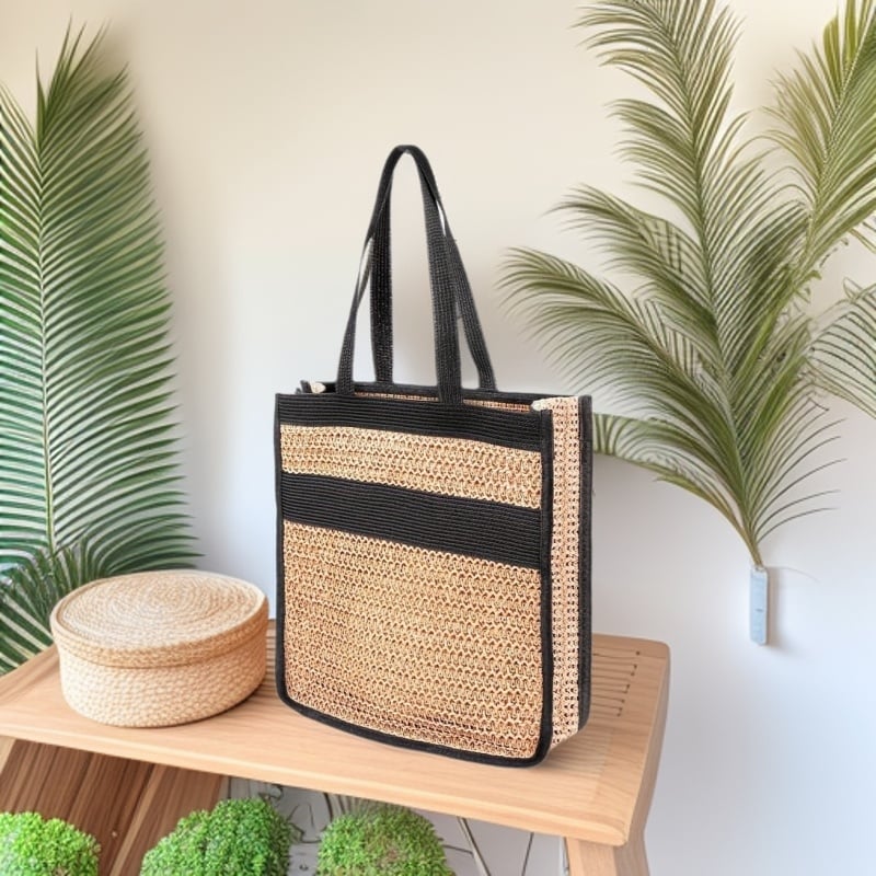 Szalmából szőtt kézitáska, anyag papír, utcai-stílus, nyitott felső rész, vízszintes téglalap alakú forma, bélés nélküli