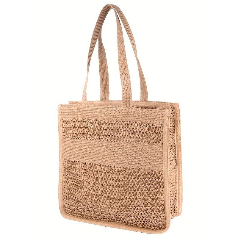 Szalmából szőtt kézitáska, anyag papír, utcai-stílus, nyitott felső rész, vízszintes téglalap alakú forma, bélés nélküli