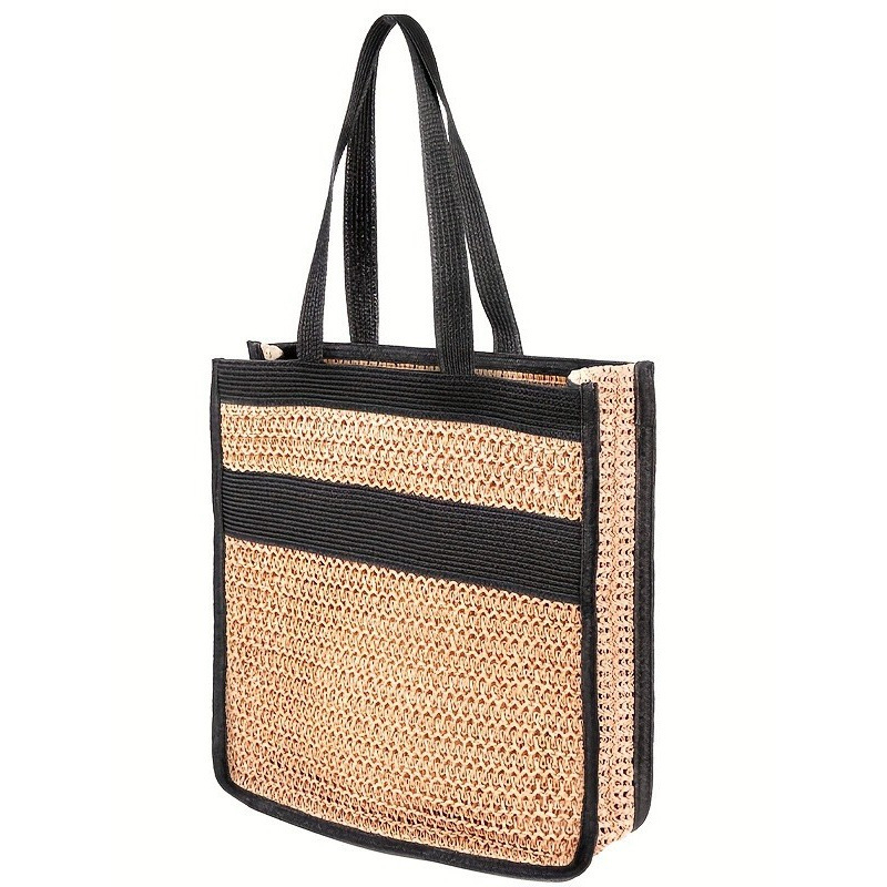 Szalmából szőtt kézitáska, anyag papír, utcai-stílus, nyitott felső rész, vízszintes téglalap alakú forma, bélés nélküli