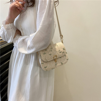 Mini kvadratna torba od slame za crossbody, s podlogom od najlona, zaključavanje na bravu, džep za mobitel, jedan remen