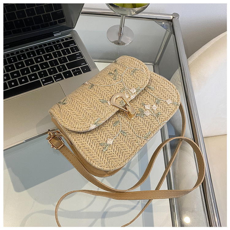 Mini kvadratna torba od slame za crossbody, s podlogom od najlona, zaključavanje na bravu, džep za mobitel, jedan remen