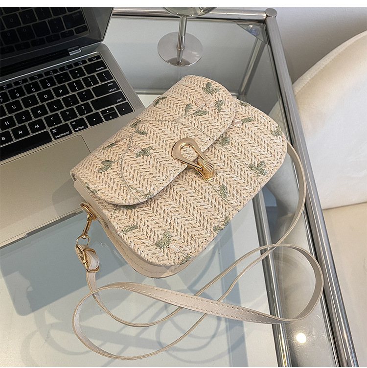 Mini kvadratna torba od slame za crossbody, s podlogom od najlona, zaključavanje na bravu, džep za mobitel, jedan remen