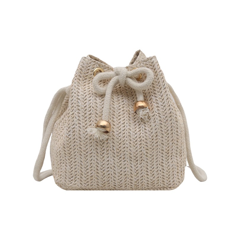 Kézzel szőtt szalma bucket táska mindennapi használatra, húzózáras nyitás, mobiltelefon zseb, poliészter bélés, tavasz 2025