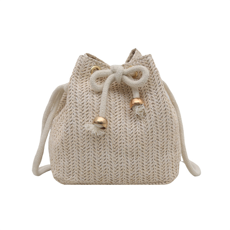 Kézzel szőtt szalma bucket táska mindennapi használatra, húzózáras nyitás, mobiltelefon zseb, poliészter bélés, tavasz 2025