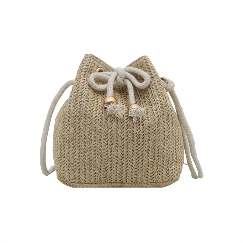 Kézzel szőtt szalma bucket táska mindennapi használatra, húzózáras nyitás, mobiltelefon zseb, poliészter bélés, tavasz 2025