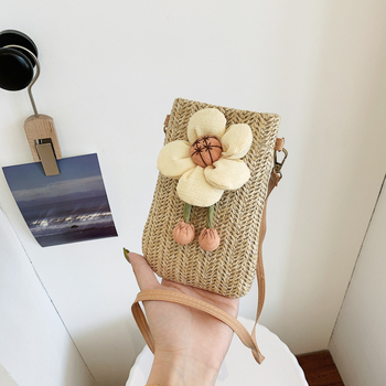 Telefonos keresztpántos táska – Koreai stílus, Szalmaanyag, Függőleges négyszögletes forma, Mágneses zárás, Bélés nélküli