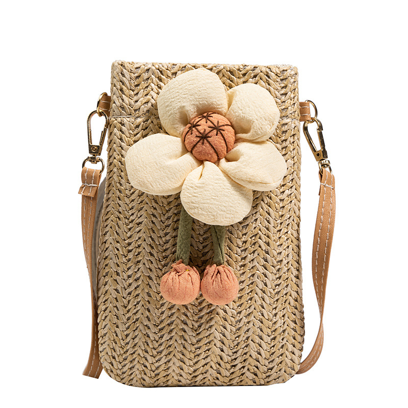 Telefonos keresztpántos táska – Koreai stílus, Szalmaanyag, Függőleges négyszögletes forma, Mágneses zárás, Bélés nélküli