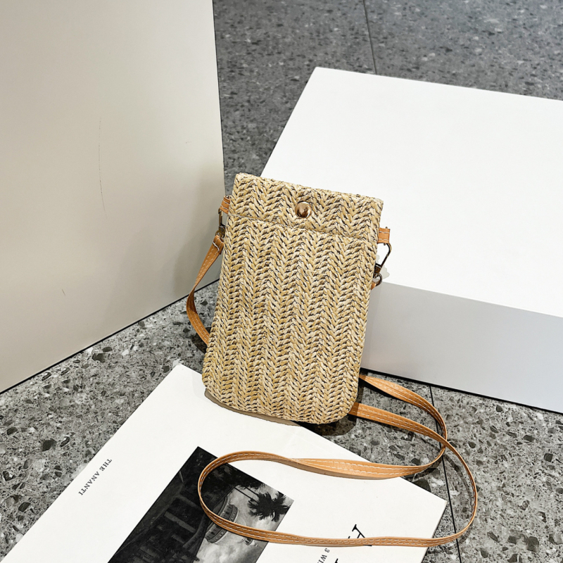 Telefonos keresztpántos táska – Koreai stílus, Szalmaanyag, Függőleges négyszögletes forma, Mágneses zárás, Bélés nélküli