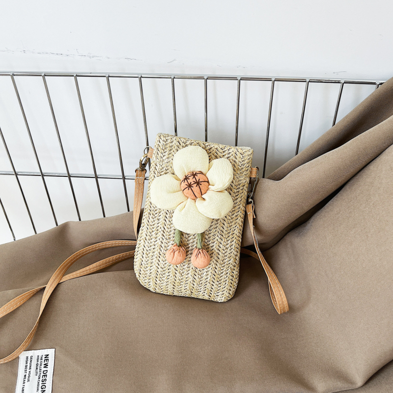 Telefonos keresztpántos táska – Koreai stílus, Szalmaanyag, Függőleges négyszögletes forma, Mágneses zárás, Bélés nélküli