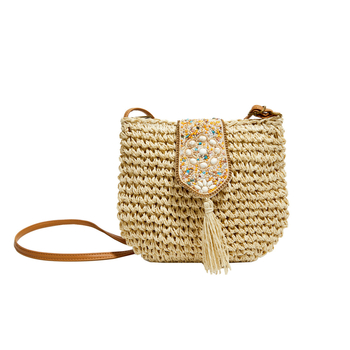 Crossbody torba od slame, pleteni plaža stil, s unutarnjim džepom na zip, poliester podstava, Shengnuo marka, lansirana u proljeće 2023