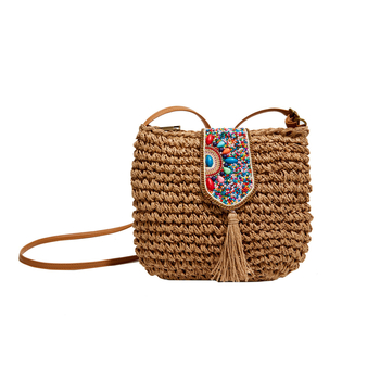 Crossbody torba od slame, pleteni plaža stil, s unutarnjim džepom na zip, poliester podstava, Shengnuo marka, lansirana u proljeće 2023
