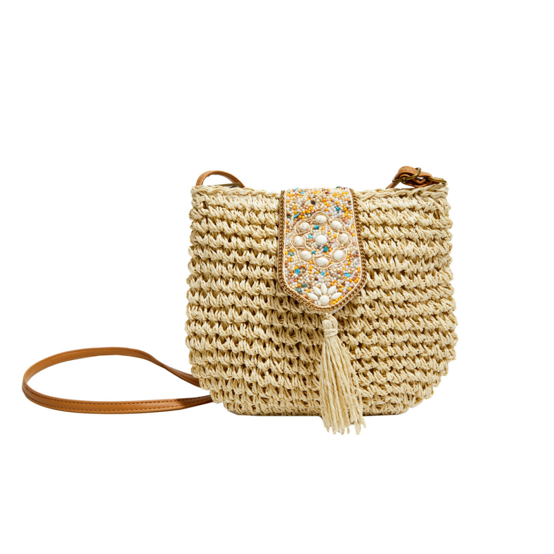 Crossbody torba od slame, pleteni plaža stil, s unutarnjim džepom na zip, poliester podstava, Shengnuo marka, lansirana u proljeće 2023