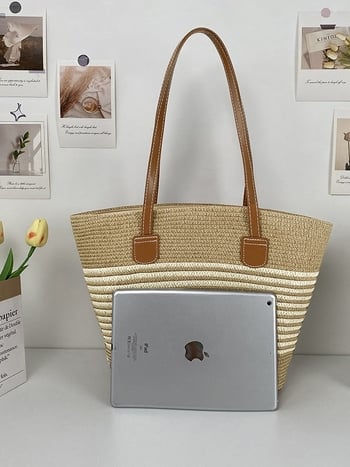 Ručna pletena torba od slame, 2025 novi model, velika zapremina za plažu, vanjska putovanja i svakodnevnu upotrebu; zatvarač, poliester podstava, unutarnje pretince za telefon i prijenosno računalo, dvostruke naramenice