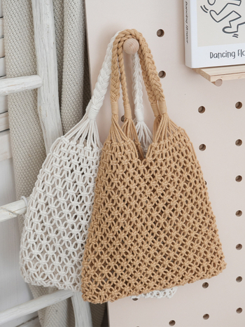 Unisex torba za plažu od pamuka s mrežastim pletenjem i bakrenom kopčom, ručna izrada