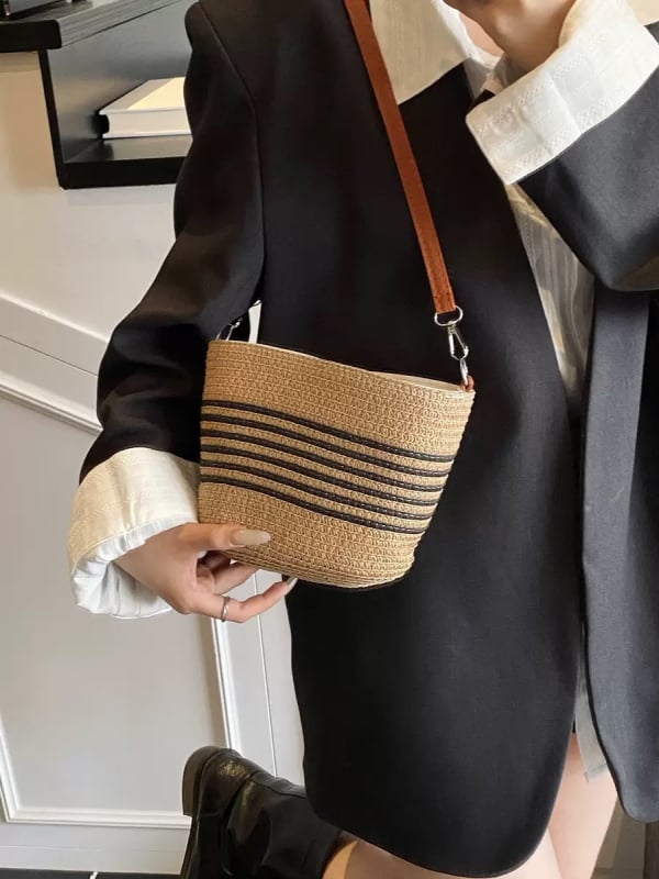 Ženska slamena torbica za crossbody, školjkastog oblika, zatvarač, poliester podstava, Duobao