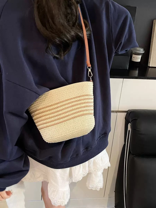 Ženska slamena torbica za crossbody, školjkastog oblika, zatvarač, poliester podstava, Duobao